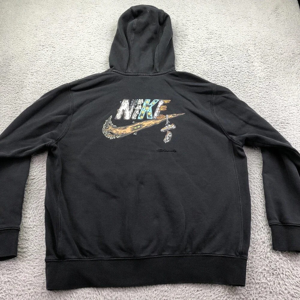 Nike Hoodie Mens Large Black Pullover Fleece Sweatshirt Smiley Logo Back Graphic